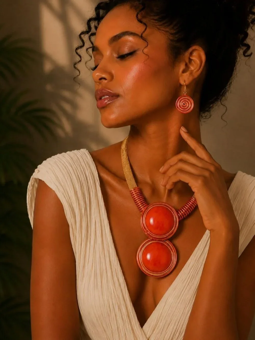 Chunky Gold Mesh Bib Necklace Set with Round Pendant & Spiral Earrings - African